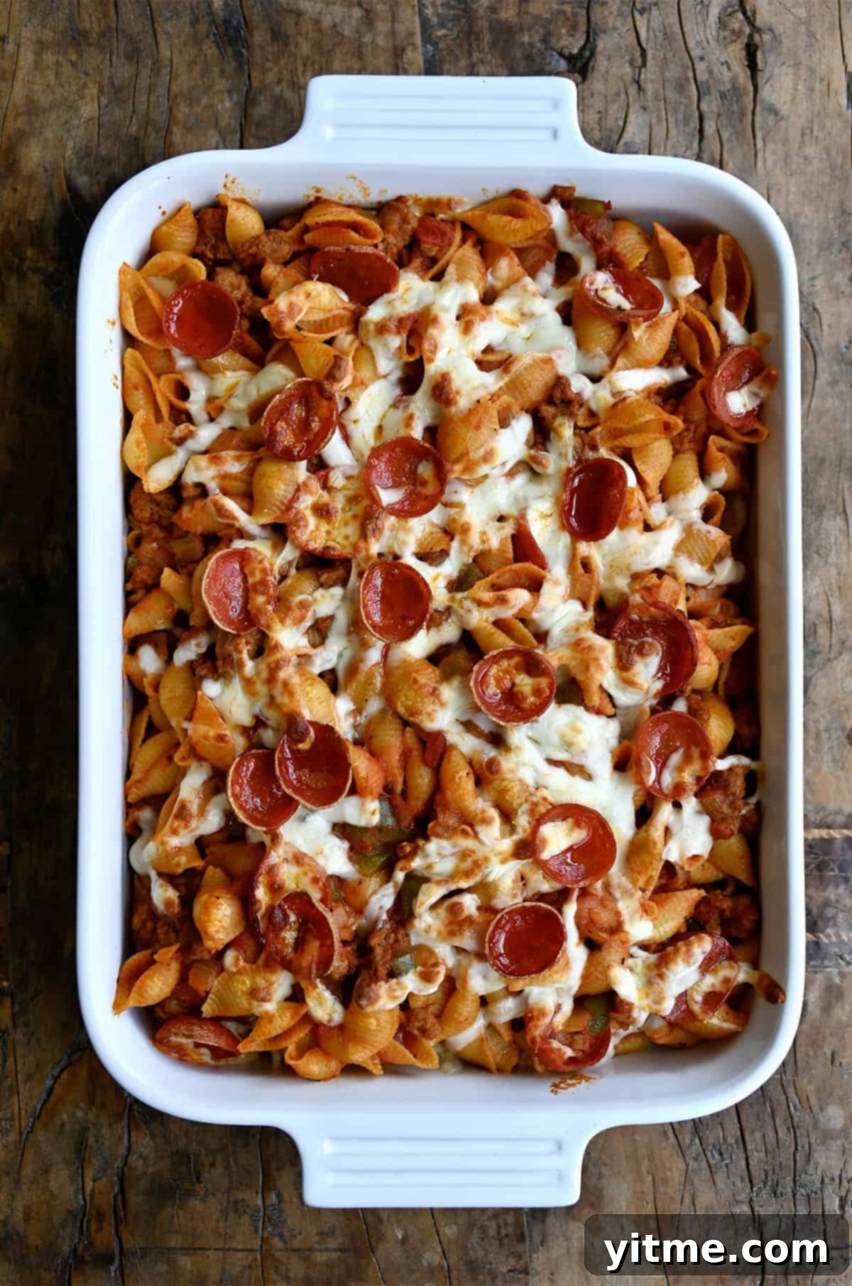 Pizza pasta casserole in baking dish