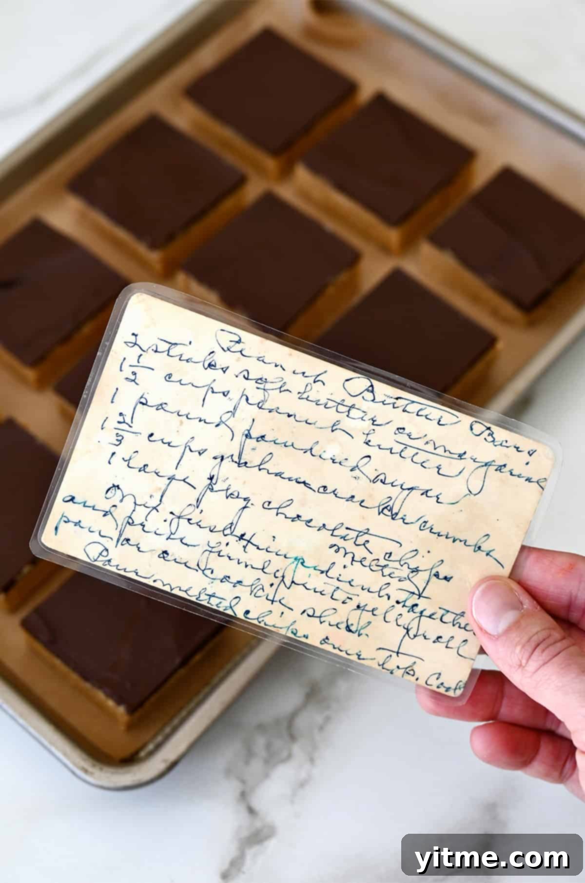 Kelly Senyei's great-grandmother's handwritten recipe card for peanut butter bars.
