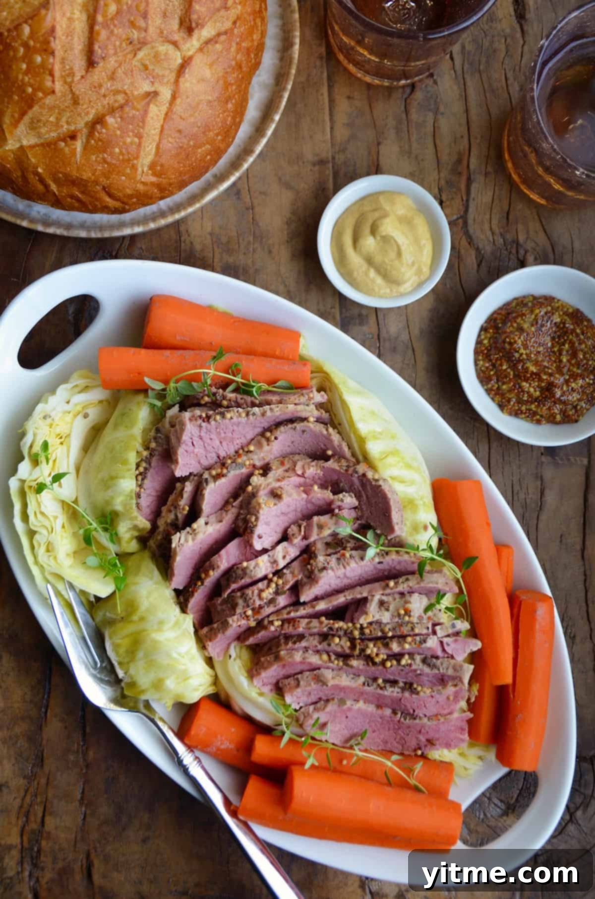 Sliced corned beef surrounded by cabbage and carrots on a platter, with mustard and soda bread.