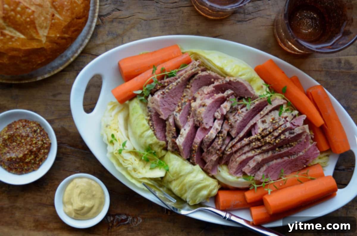 Another view of sliced corned beef with cabbage, carrots, mustard, and soda bread.