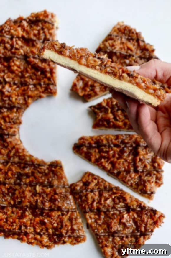 Samoa Dream Cake 4 A close-up shot of a hand holding a slice of samoas cookie cake