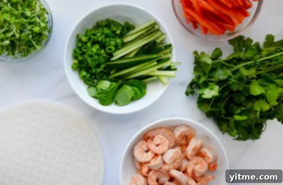 Ingredients for Thai spring rolls: rice paper, micro greens, cucumber, pepper, cilantro, shrimp