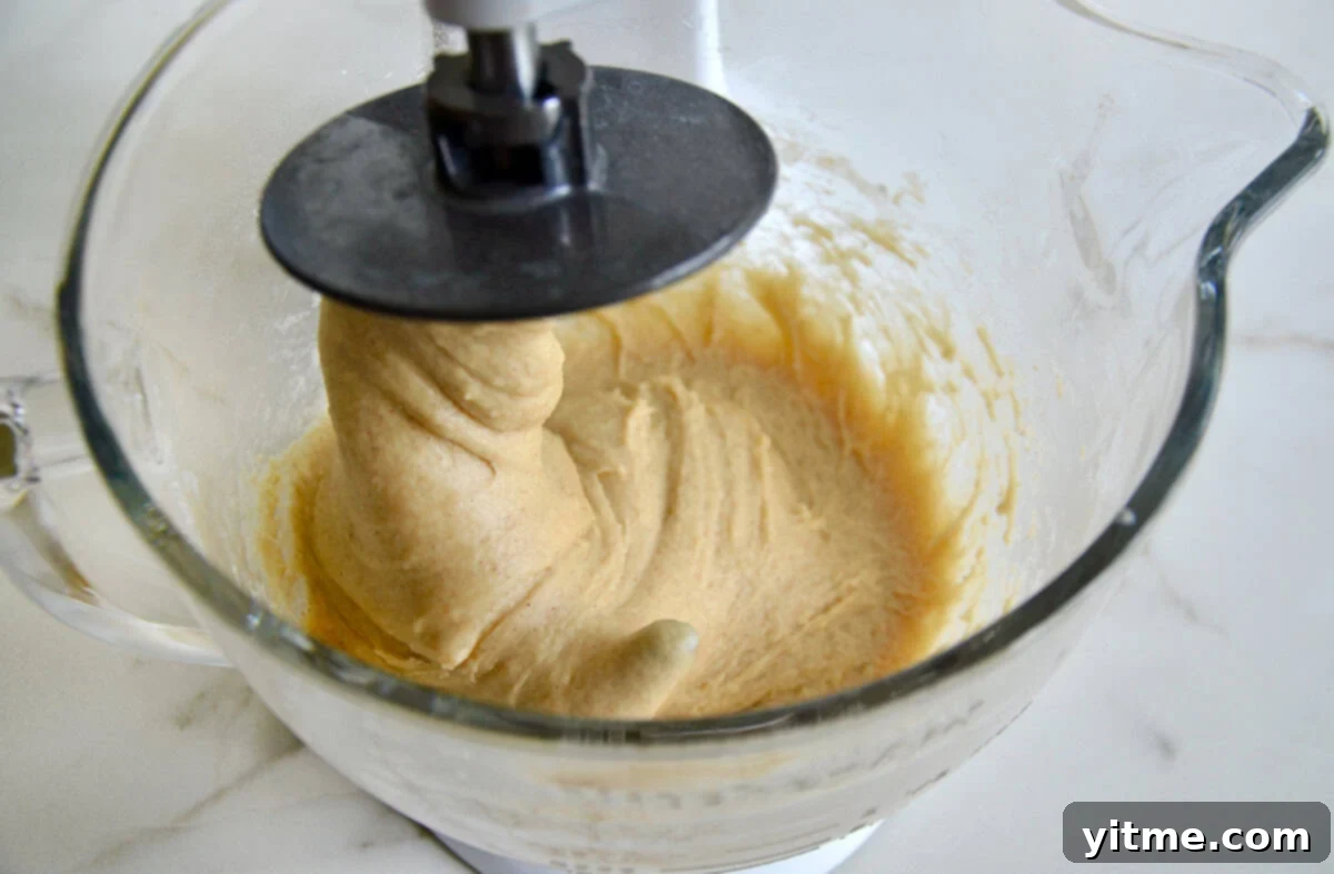 Cinnamon roll dough in a stand mixer