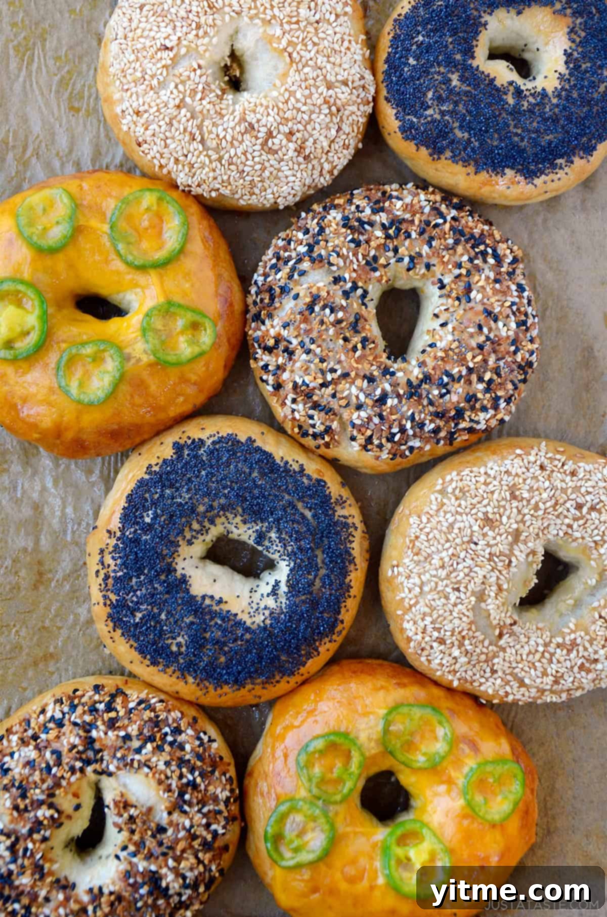Four varieties of homemade bagels, including poppyseed, everything, sesame seed and jalapeño cheddar.