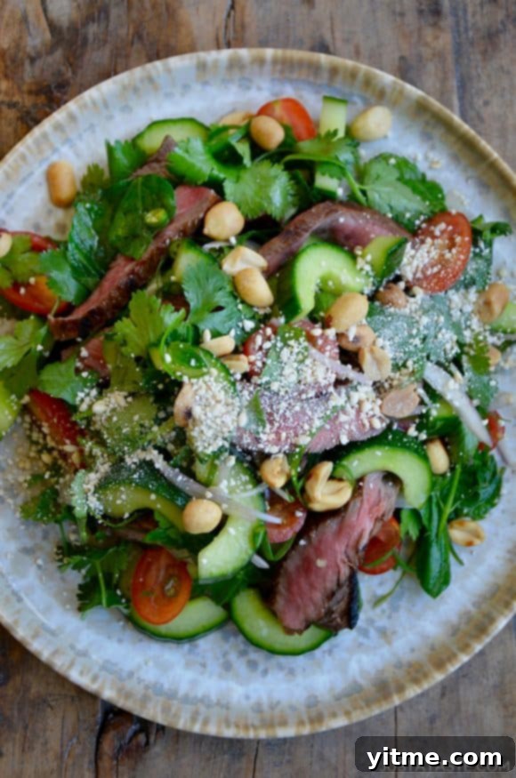 Overhead view of a plate showcasing Thai Beef Salad topped with chopped peanuts and a sprinkle of cheese.