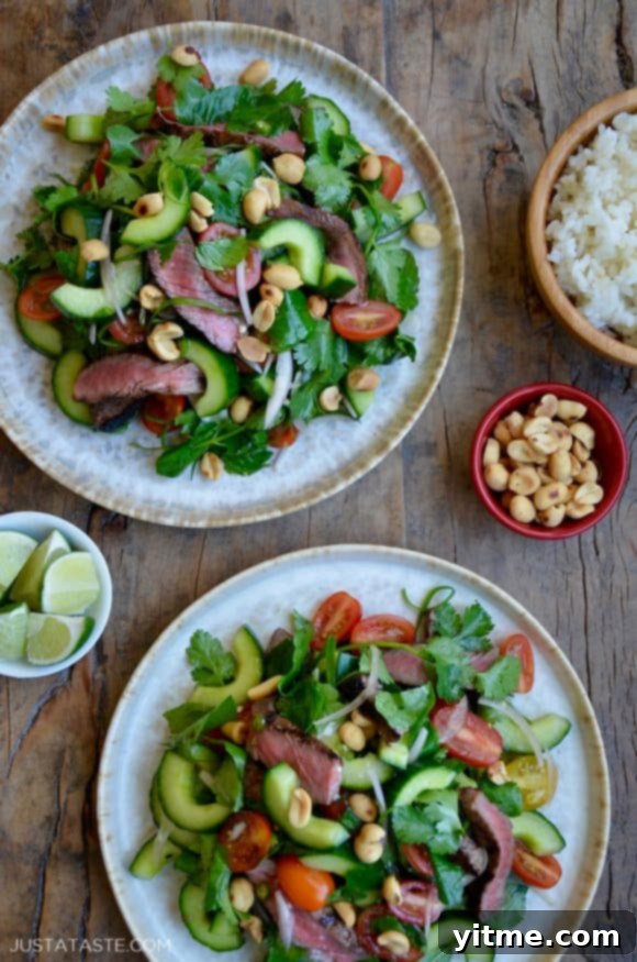 Two plates containing easy Thai Beef Salad with Lime Dressing garnished with peanuts