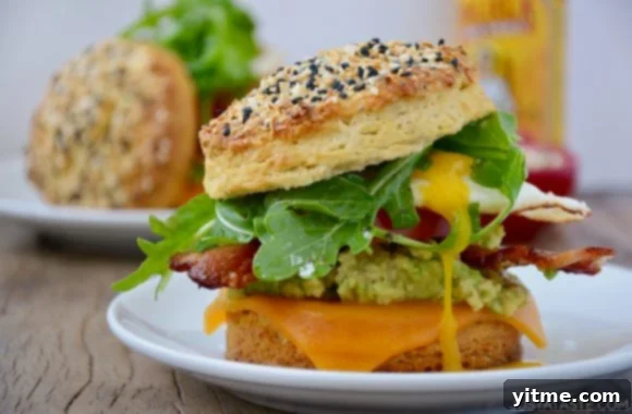 Easy homemade biscuit breakfast sandwich with melted cheddar cheese, bacon, avocado and arugula