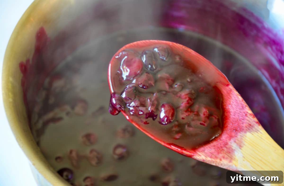 A spoonful of blueberry sauce over a saucepan of cooked sauce