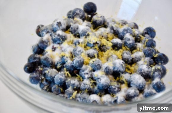 Effortless Blueberry Mini Pies 4 A glass bowl containing blueberries, lemon zest and sugar