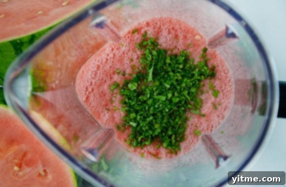 Blender containing puréed watermelon and finely chopped mint 