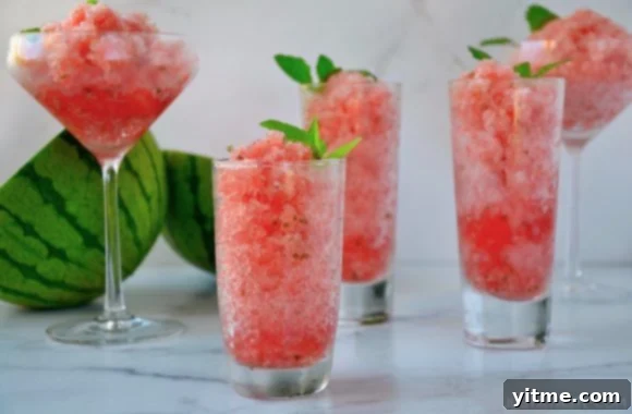 Boozy Watermelon Granita in different sized cocktail glasses