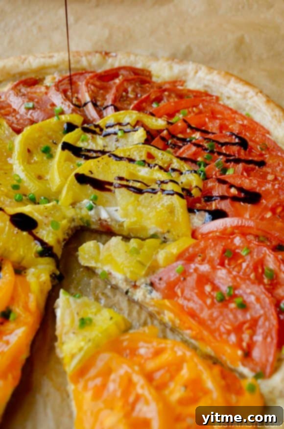 Golden Tomato and Sweet Onion Cheese Tart 3 Heirloom tomato tart with balsamic drizzle