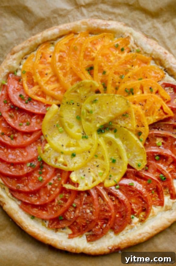 Golden Tomato and Sweet Onion Cheese Tart 8 Top down view of easy Cheesy Tomato Tart with Caramelized Onions