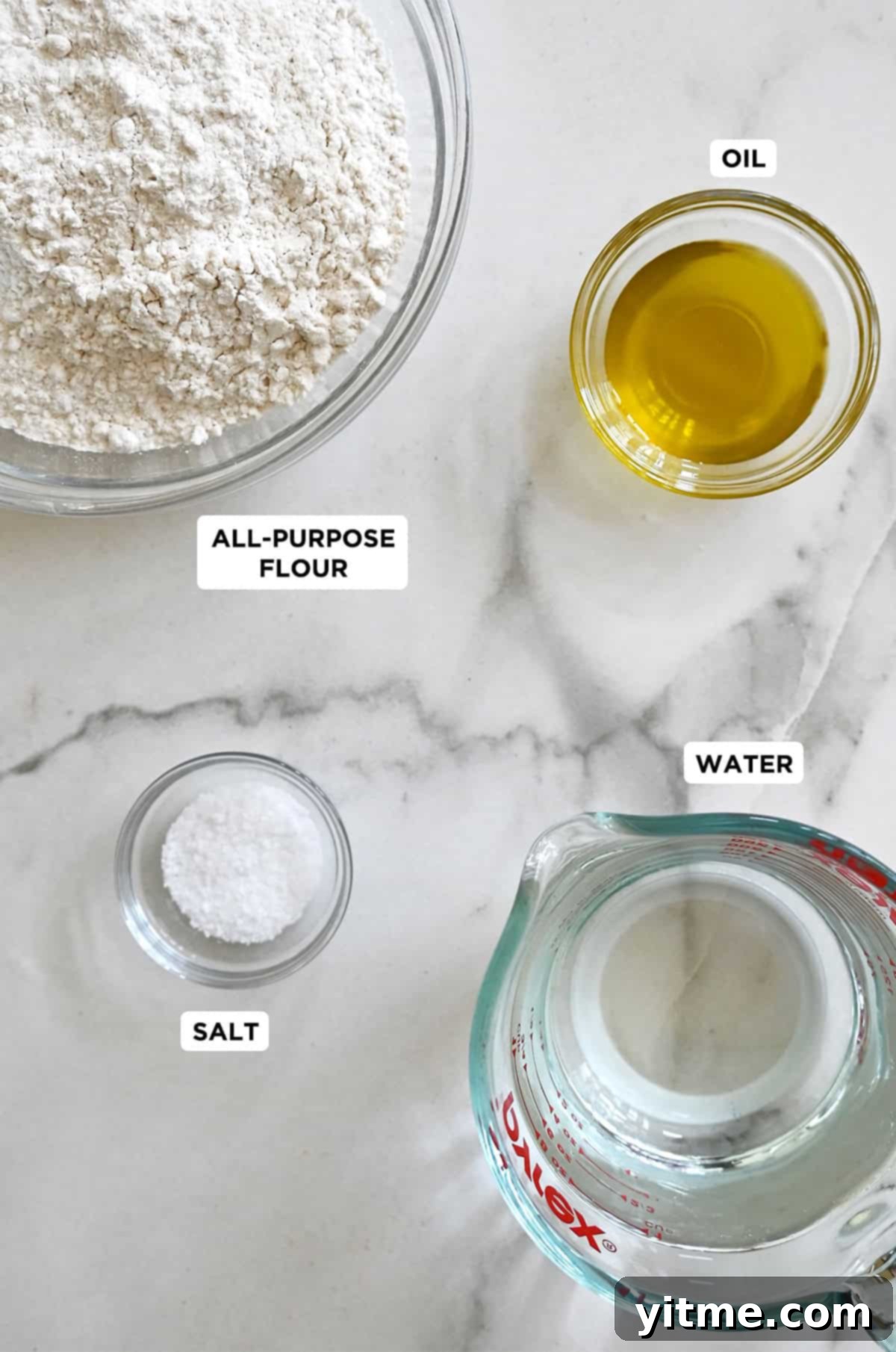 Flour tortilla ingredients: flour, salt, water, and oil.