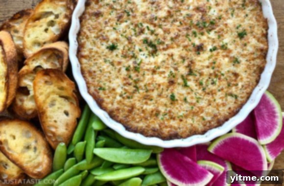 A white dish of Warm and Cheesy Onion Dip surrounded by vibrant watermelon radishes, snap peas, and toasted bread