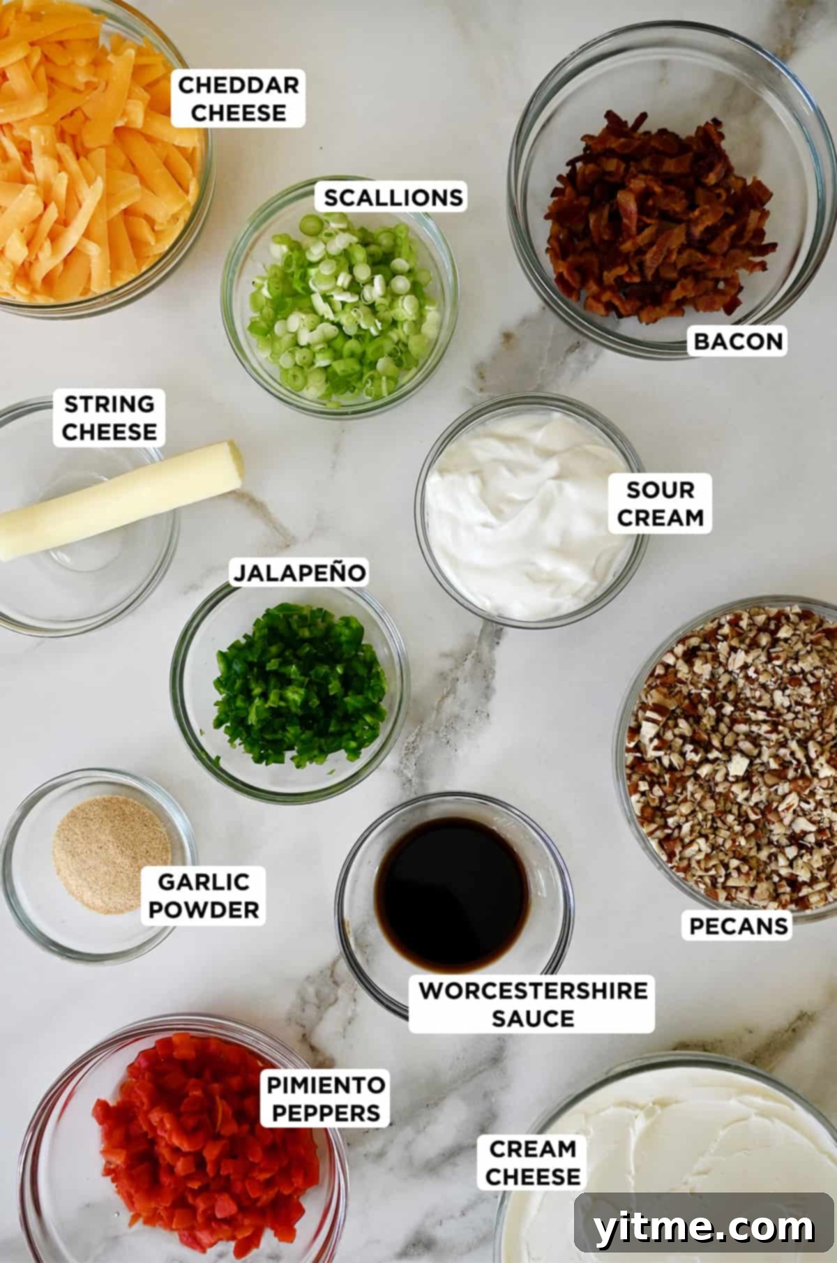 Ingredients for making a delicious cheese ball.