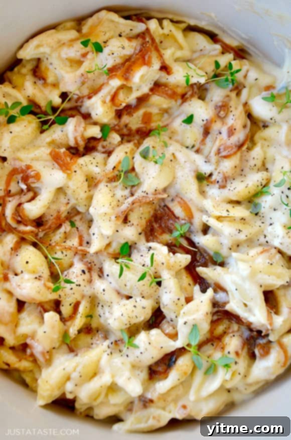 A close-up shot of mac and cheese with onions and fresh herbs on top