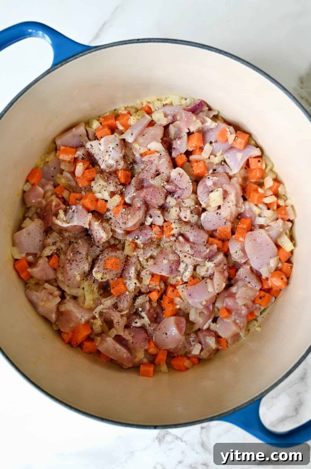 Chicken thigh pieces in a Dutch oven with sautéed diced carrots and onions.