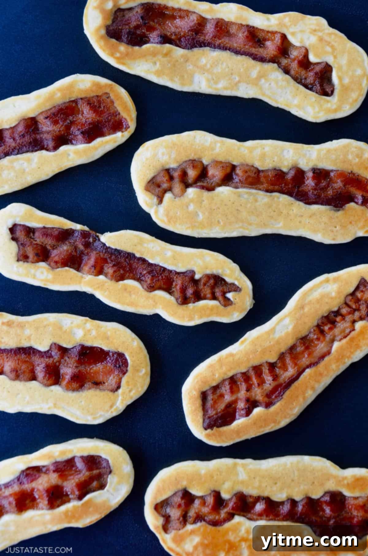 Golden Bacon Pancake Sticks 3 Easy bacon pancake dippers on griddle.