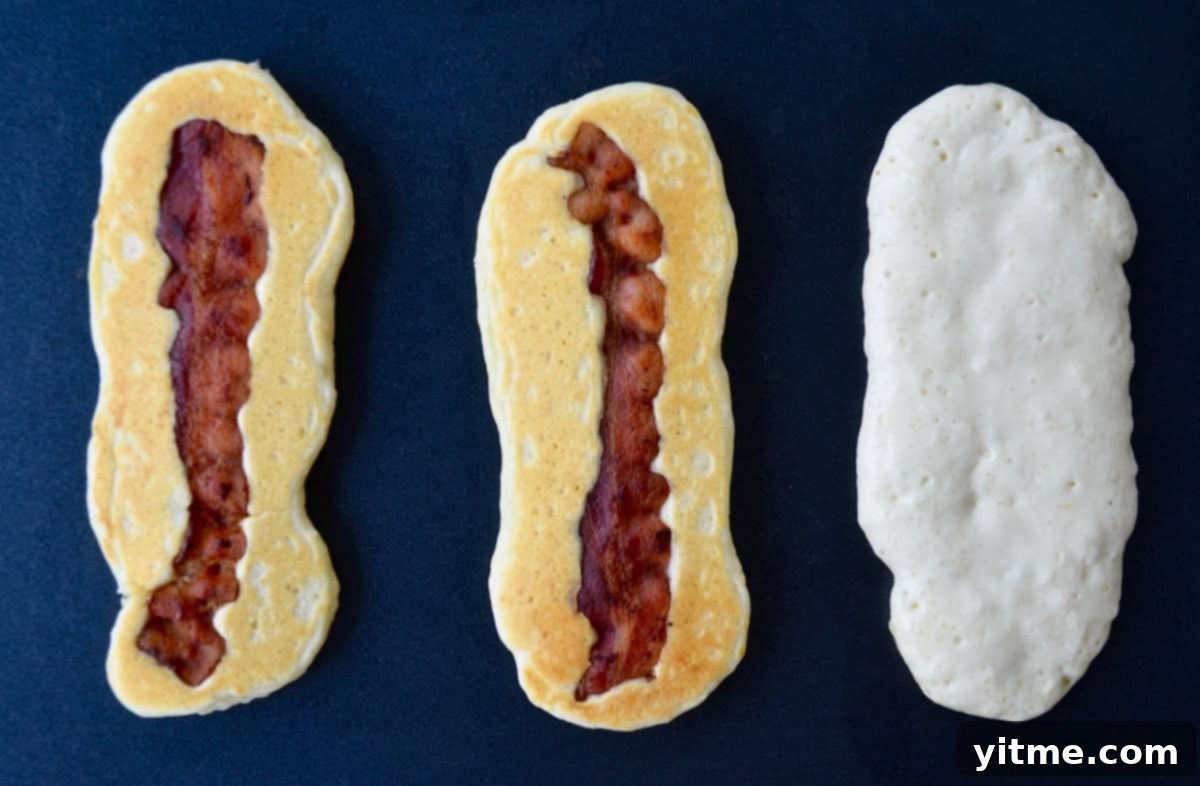 Golden Bacon Pancake Sticks 6 Griddle containing three pancake dippers with bacon.