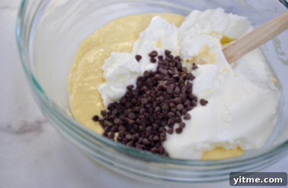 Ricotta pancake batter with chocolate chips in a glass bowl