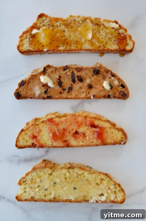 Four slices of bread topped with different toppings