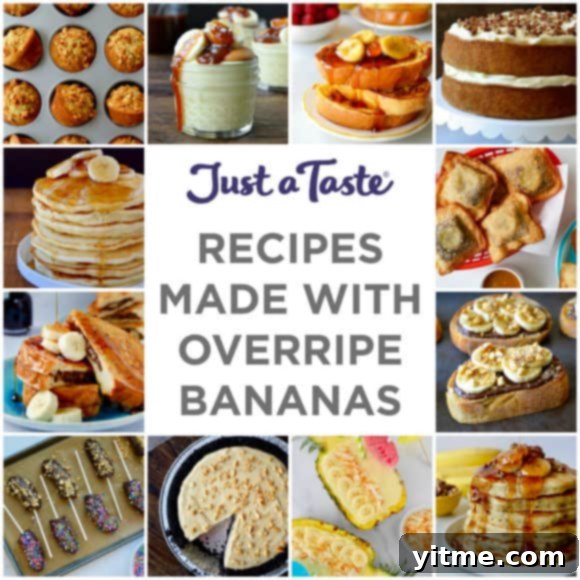 A collage of images featuring various recipes made with overripe bananas, showcasing the versatility of the ingredient.