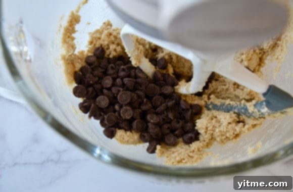 Chocolate chips and cookie dough in a bowl