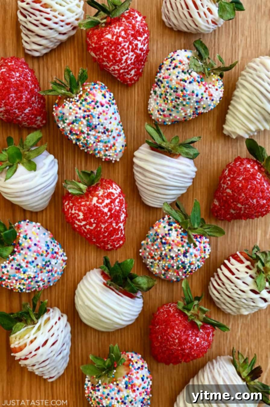 A top-down view of homemade White Chocolate-Covered Strawberries, including some decorated with rainbow sprinkles
