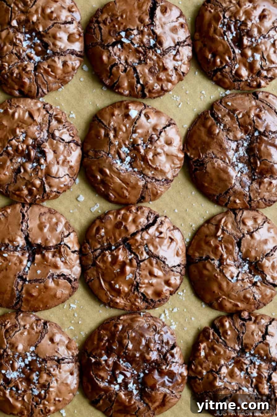 A top-down view of Flourless Chocolate Cookies dusted with large-flake sea salt
