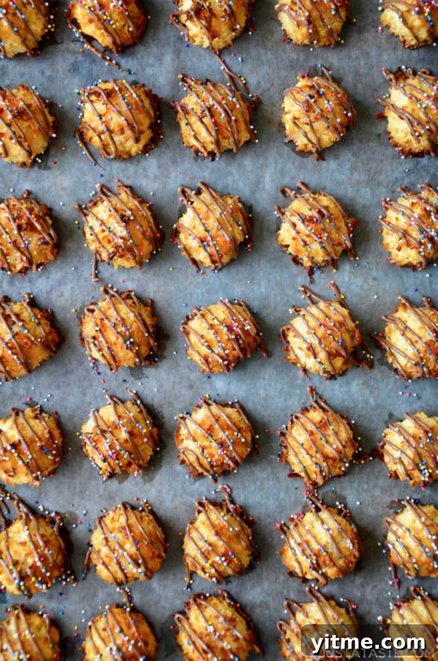A top-down view of coconut macaroons drizzled with milk chocolate