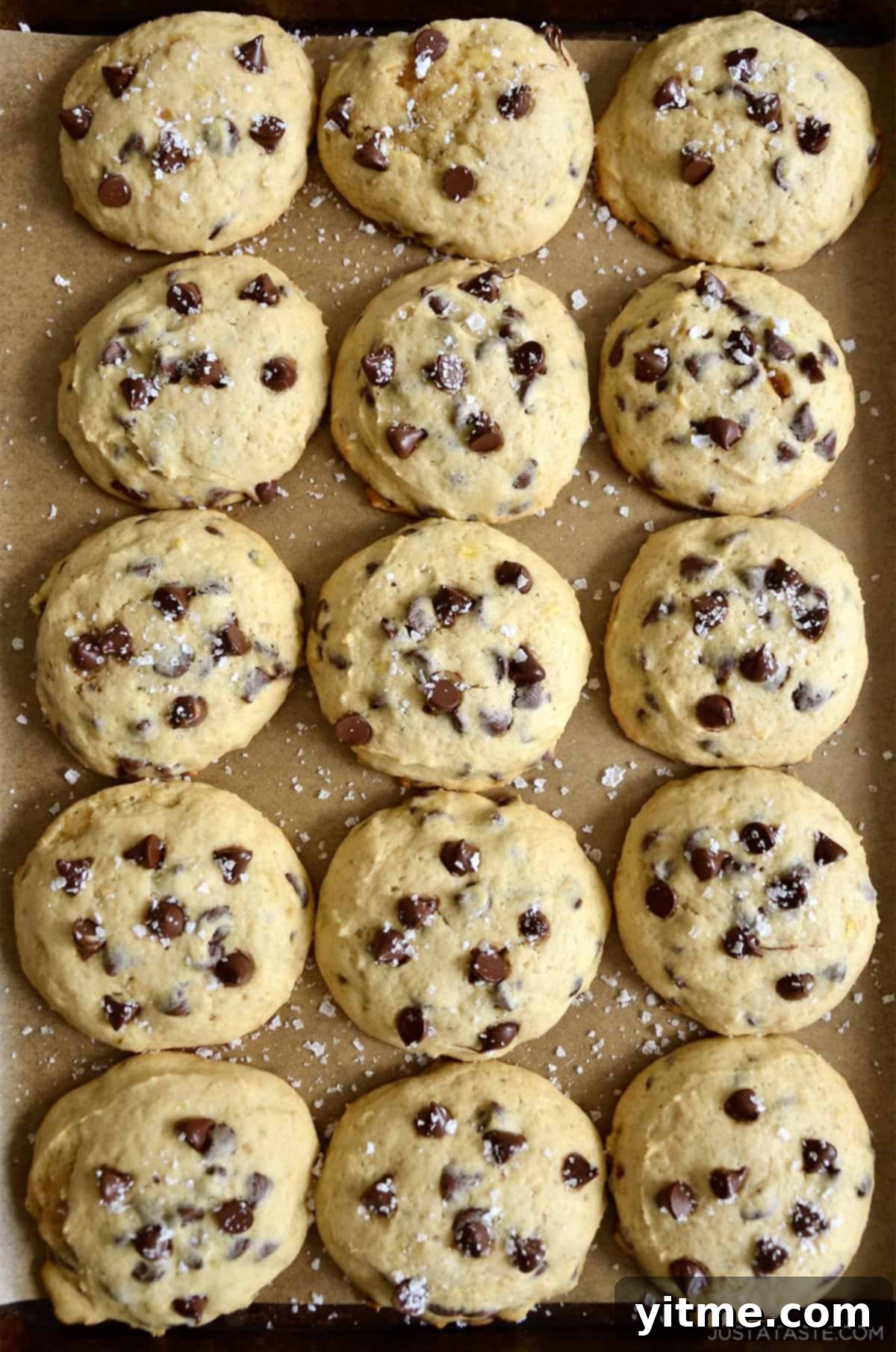 Delicious banana chocolate chip cookies sprinkled with sea salt on baking sheet.