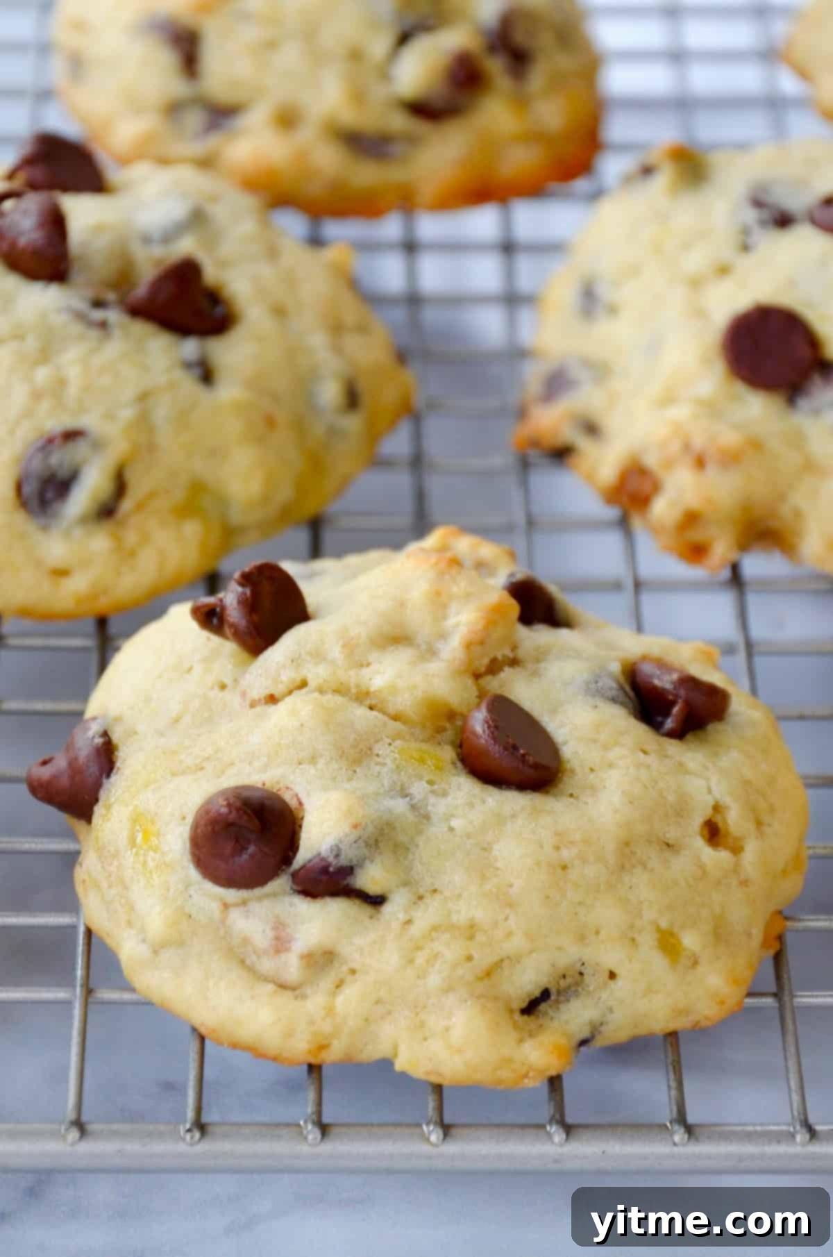 Freshly baked banana chocolate chip cookies cooling on a wire rack.