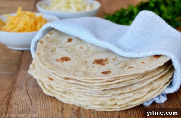 No-Fuss Yeast-Free Breads: Quick & Simple Recipes 4 A stack of homemade flour tortillas in a blue towel, demonstrating how easy it is to make tortillas at home