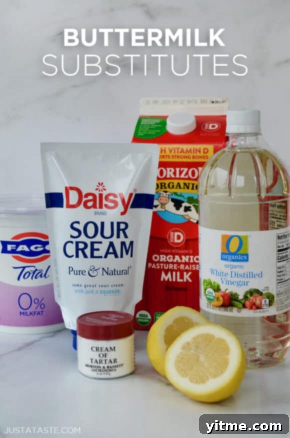 No-Fuss Yeast-Free Breads: Quick & Simple Recipes 9 Containers of yogurt, sour cream,, milk and white vinegar as buttermilk substitutes, showcasing the versatility of ingredient substitutions