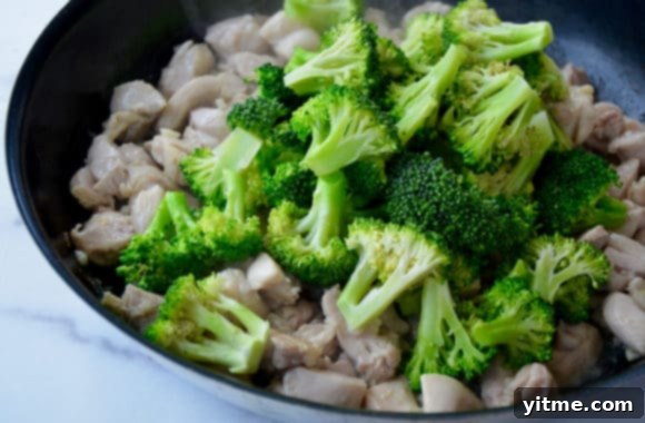 A skillet filled with diced chicken thighs and fresh broccoli florets, perfectly prepped for a delicious stir-fry