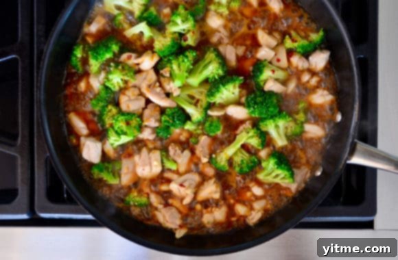 A top-down view of a large skillet on the stove, showcasing all the vibrant stir-fry ingredients being combined with the flavorful sauce