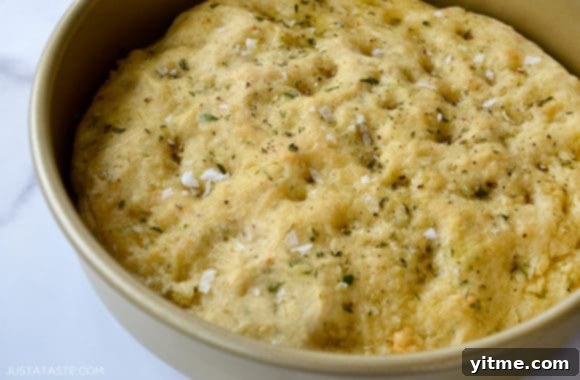 Round baking pan containing Easy Focaccia Bread No-Yeast