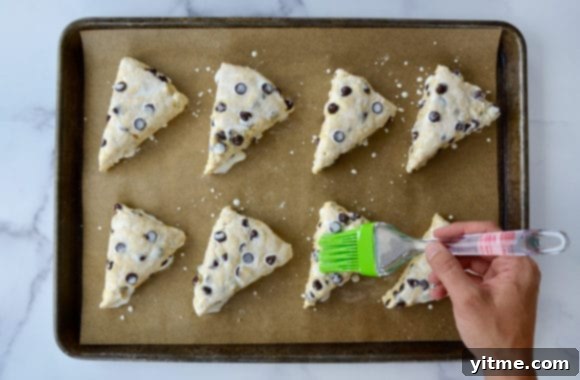 Hand with brush brushing tops of chocolate chip scones with heavy cream 