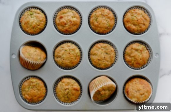 Muffin tin with freshly baked easy Zucchini Banana Muffins