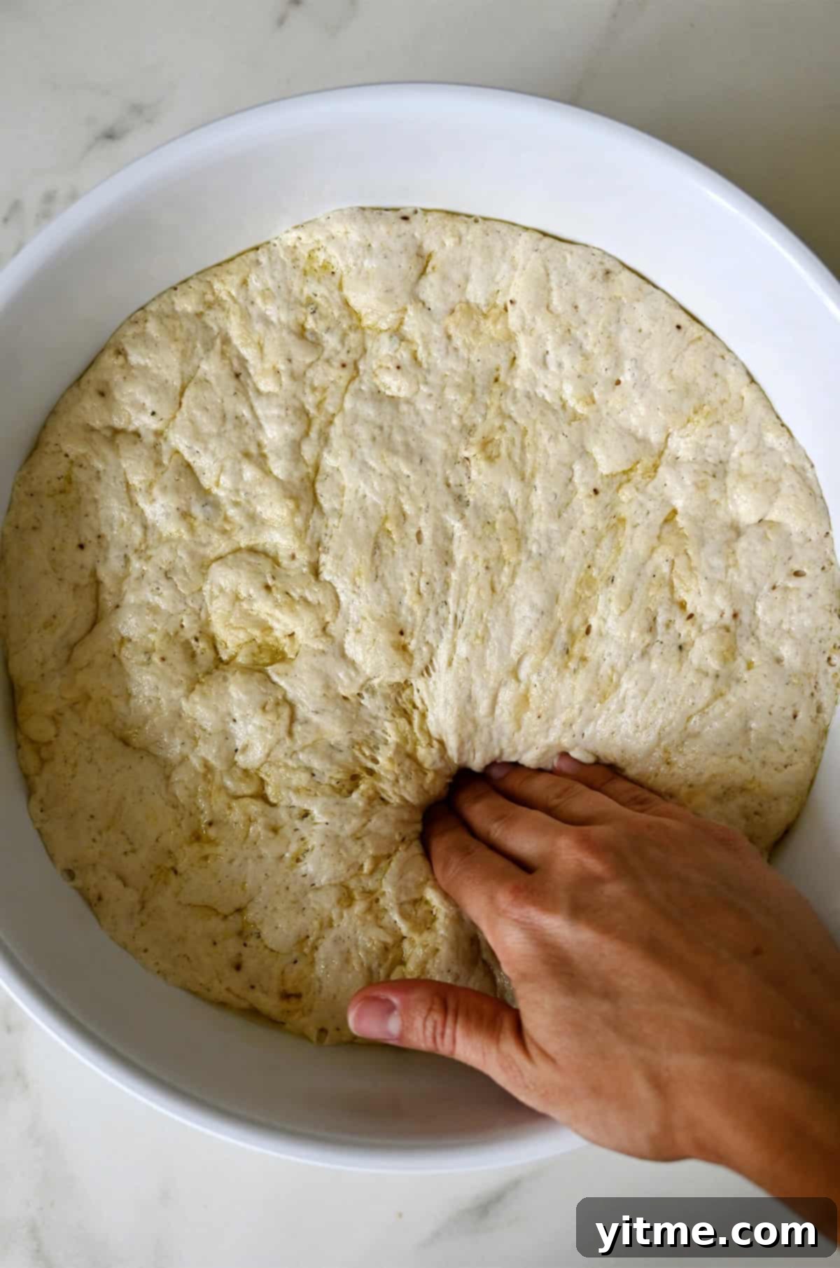 Proofed focaccia bread dough after the first rise.
