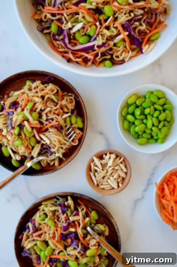 Top down view of Chilled Ramen Noodles with Peanut Dressing, showcasing vibrant colors and fresh ingredients.