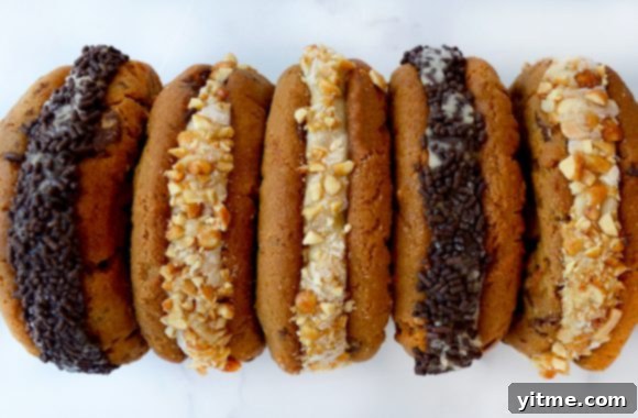 A top-down close-up view of peanut butter and banana ice cream sandwiches