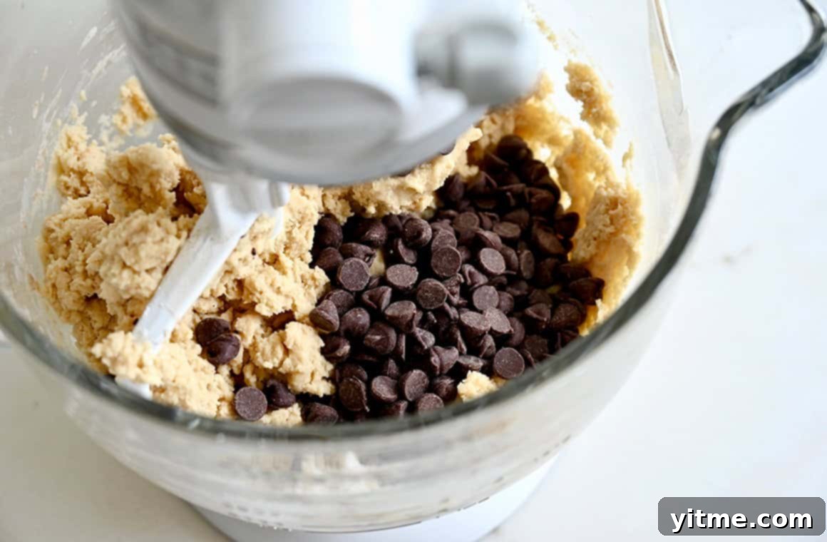 Cookie dough with chocolate chips in a stand mixer bowl
