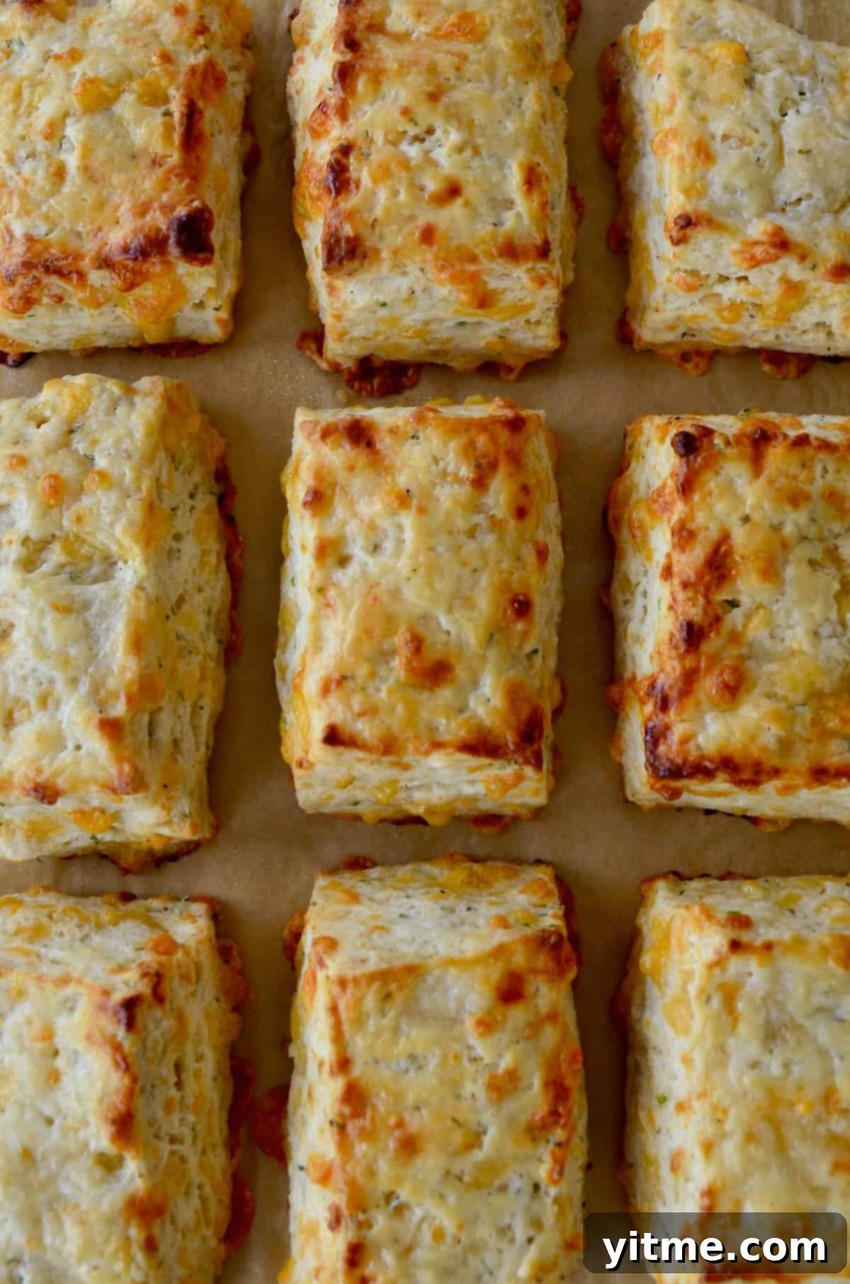 Irresistible Cheddar Biscuits 2 Rectangular cheddar biscuits are arranged in rows on brown parchment paper, showcasing their golden-brown tops and flaky texture.