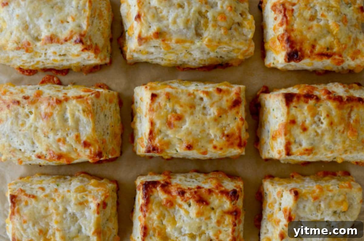 Irresistible Cheddar Biscuits 8 Rectangular cheddar biscuits are arranged in neat rows on brown parchment paper, ready to be served or stored.