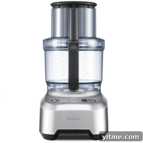 Flavorcast 4 A high-performance Breville food processor in a sleek silver finish, an indispensable kitchen tool for precise chopping, slicing, grating, and pureeing, offering versatility and efficiency.