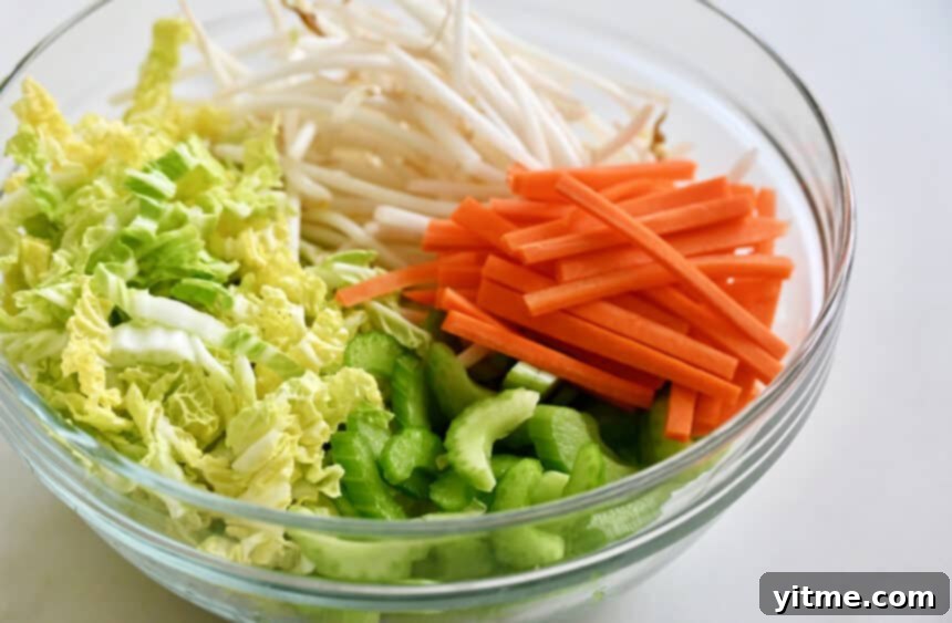 A clear bowl containing shredded carrots, sliced celery, green cabbage and bean sprouts