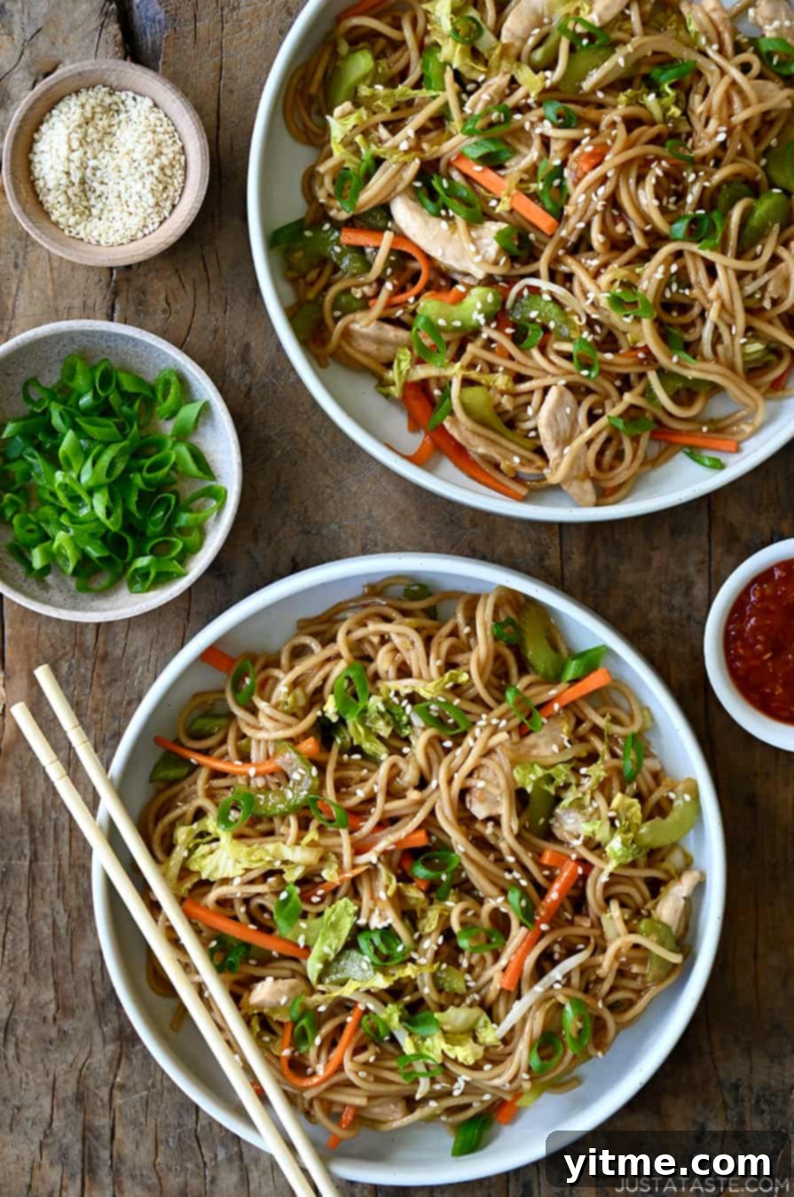 A top-down view of two bowls containing Quick Chicken Chow Mein and chopsticks