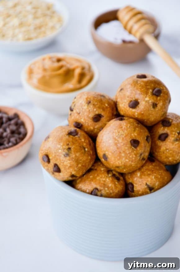 Peanut Butter Bliss Bites 2 Delicious No-Bake Peanut Butter Protein Balls piled high in a bowl